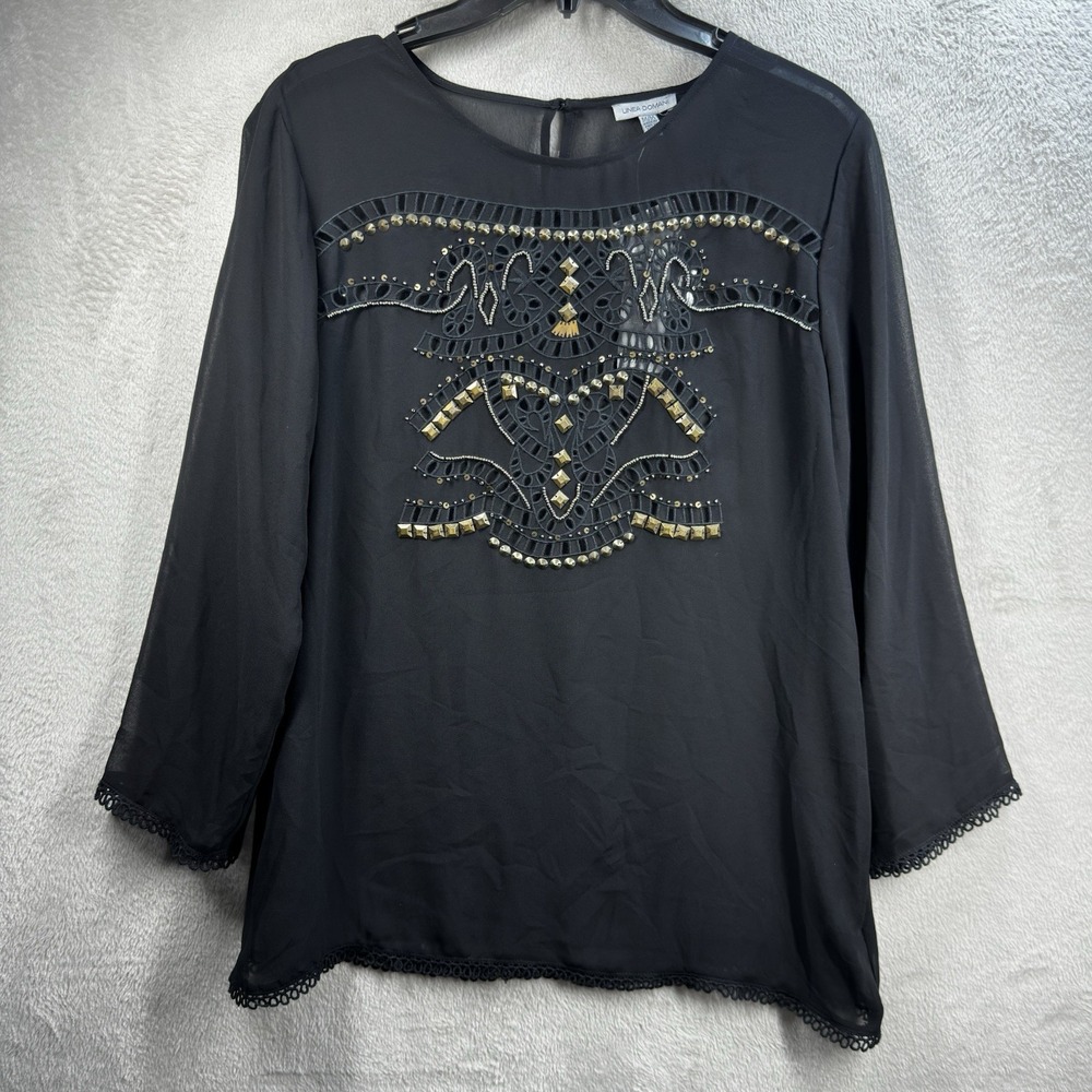 Linea Domani Black Sheer‎ Studded Blouse Top Women's Size M New